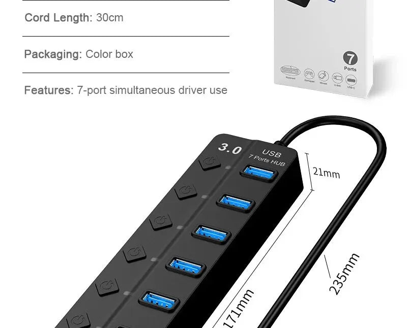 DBIT USB HUB 3.0/2.0 USB Splitter 7-IN-1 USB Adapte Multi-Hub Independent Switch Dock Desktop Laptop Accessories 30cm Cable