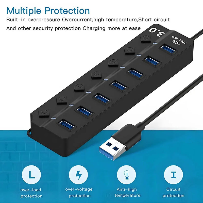 DBIT USB HUB 3.0/2.0 USB Splitter 7-IN-1 USB Adapte Multi-Hub Independent Switch Dock Desktop Laptop Accessories 30cm Cable